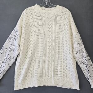 Miholl Cream Sweater Preppy Long Sleeves Loose Knit Floral Top Womens Size L
